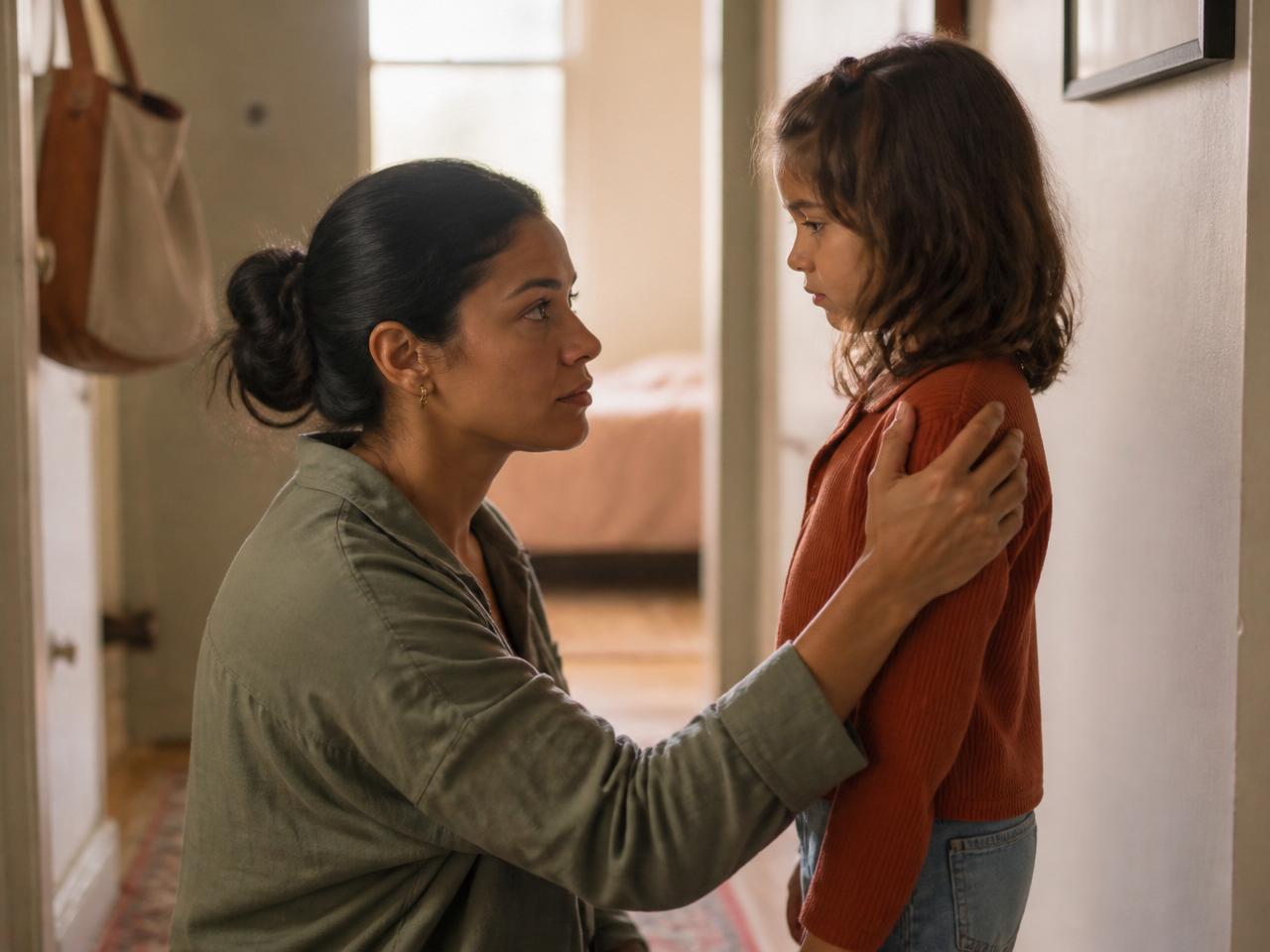A mother kneeling to meet her daughter at eye level during a hard moment