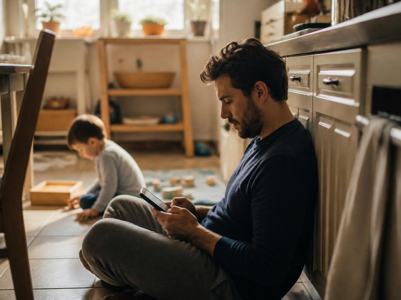 A father sitting on the kitchen floor checking Parent Rescue Room for guidance while his son plays nearby