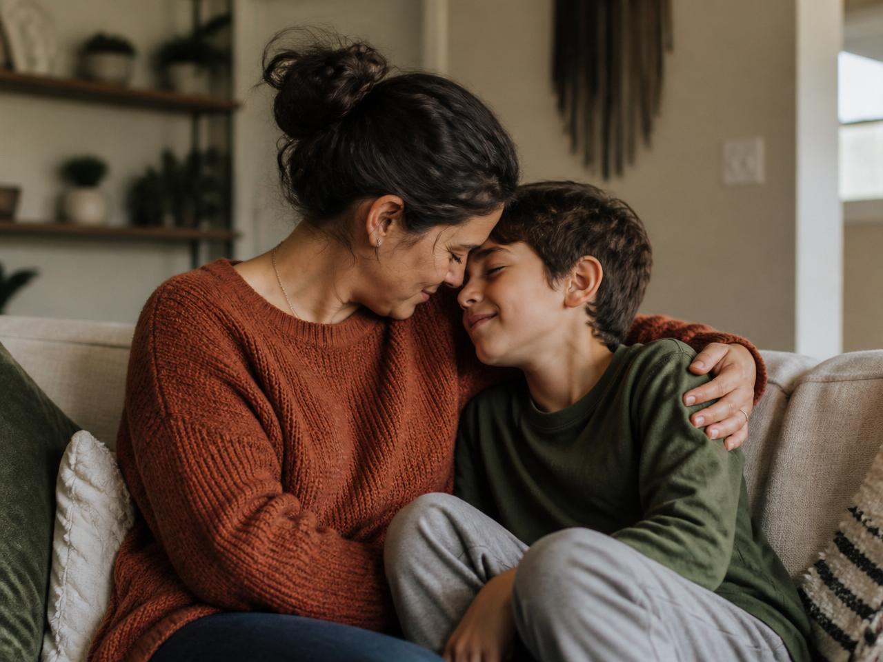 A mother and her son leaning foreheads together on a couch after a hard moment