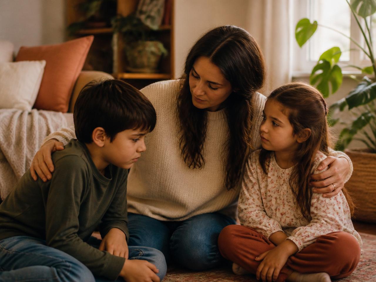 A parent gently mediating between two siblings on a living room rug